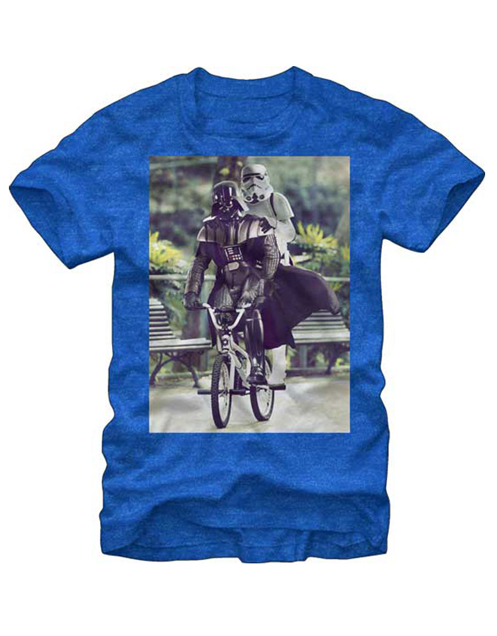 Darth Vader riding graphic on a royal blue adult t-shirt.