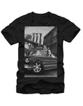 Under the bridge graphic on a black adult t-shirt.
