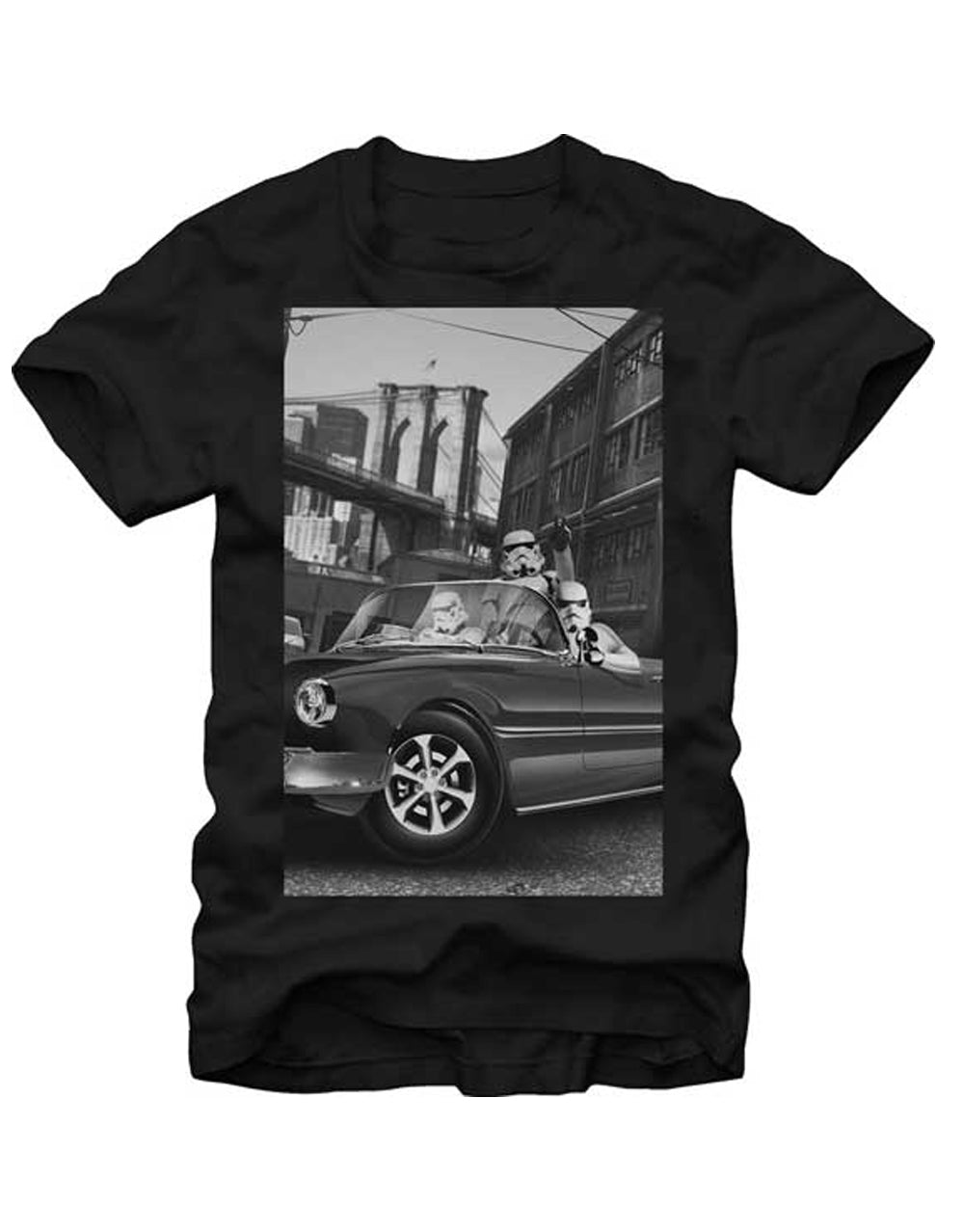Under the bridge graphic on a black adult t-shirt.