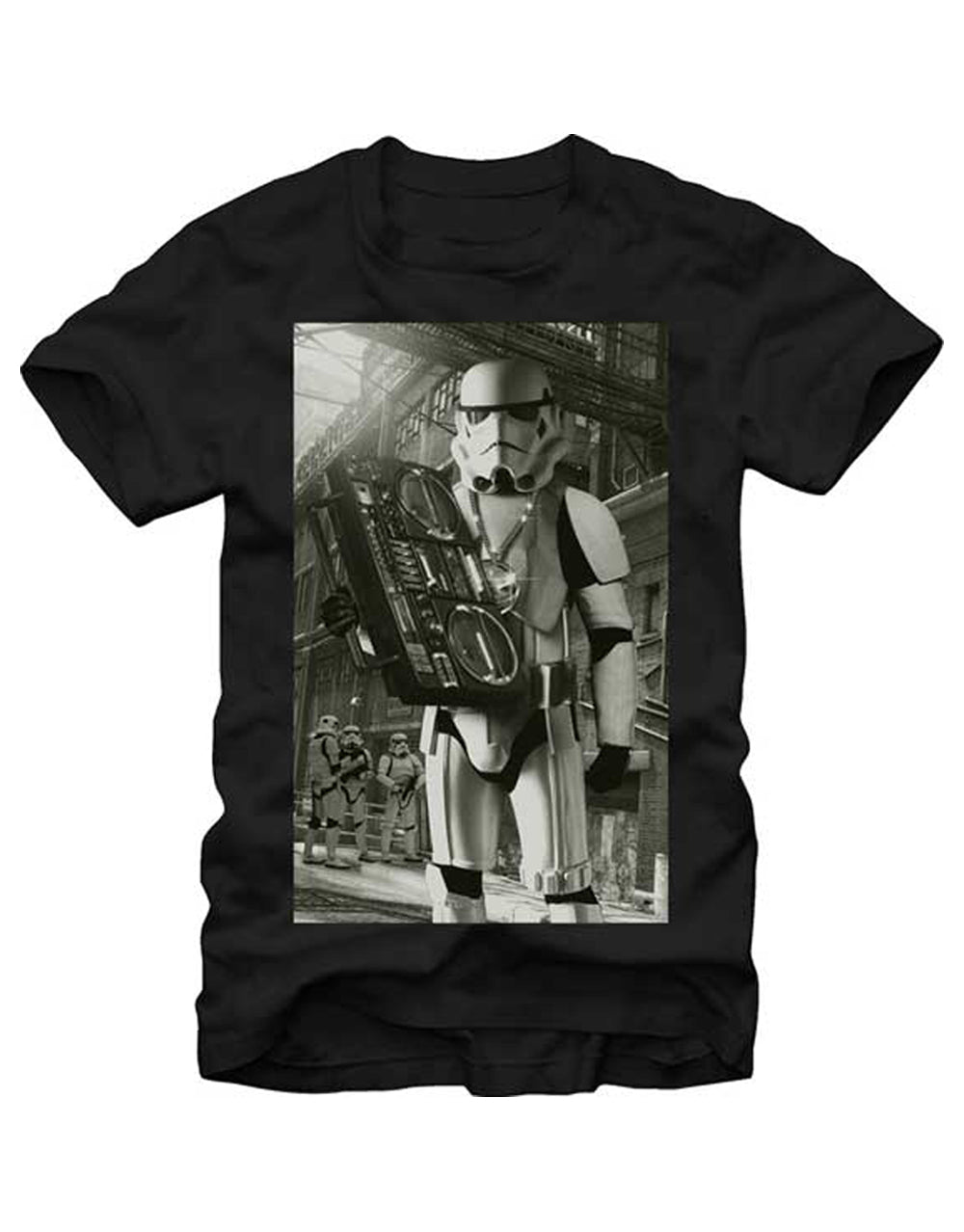 Boombox trooper graphic on a black adult t-shirt.