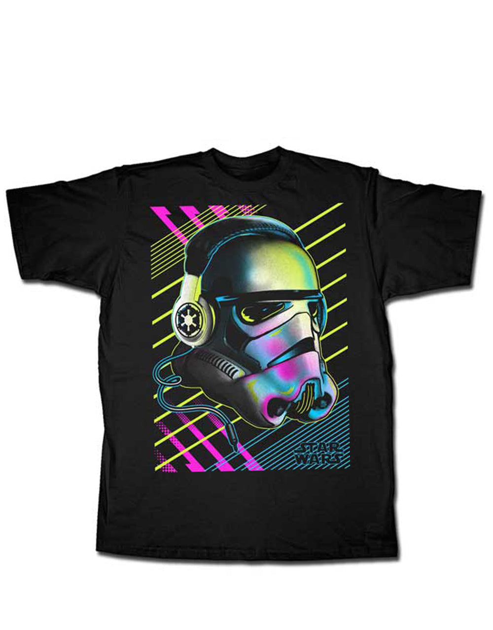Star Wars trooper helmet graphic on a black adult t-shirt.