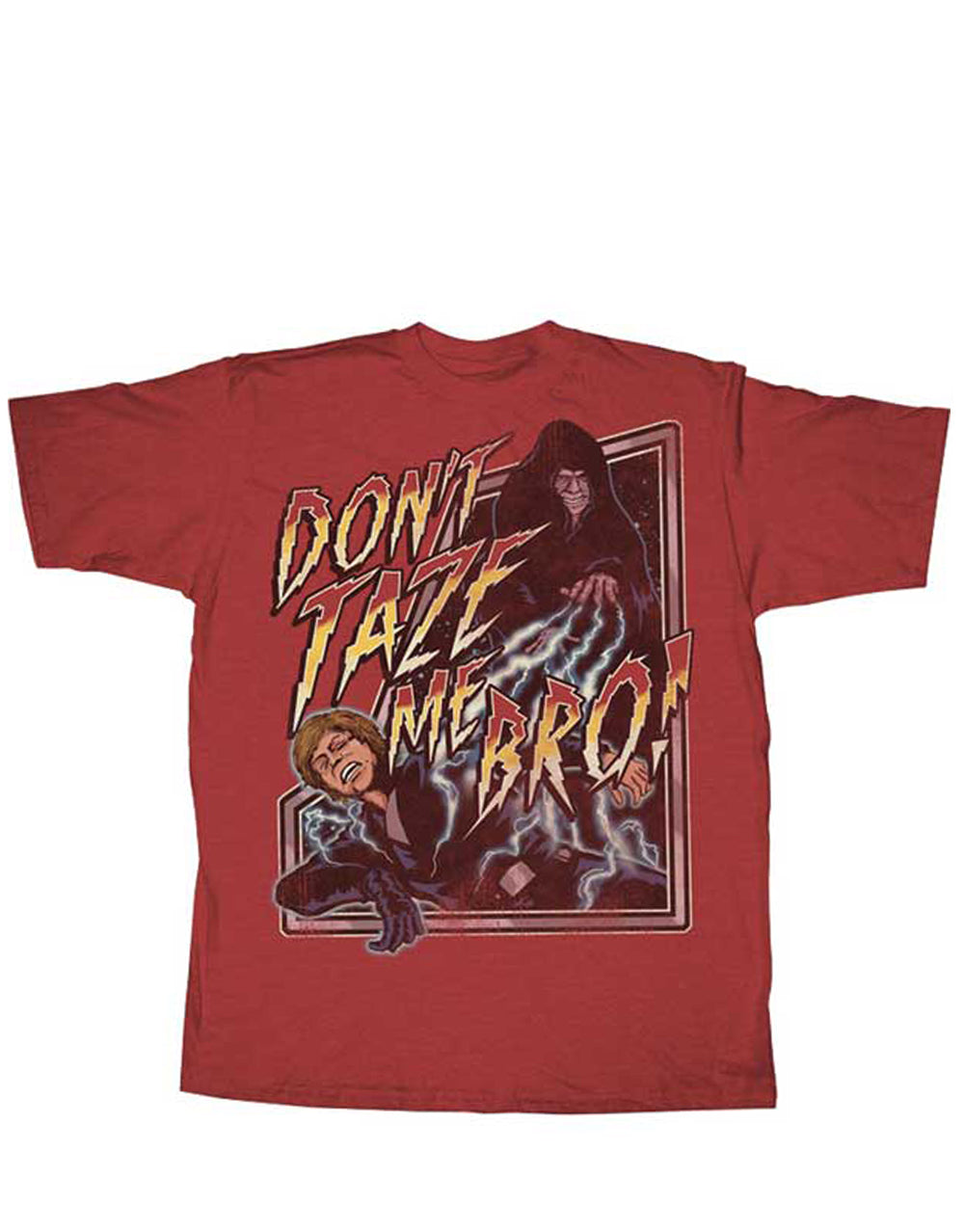 Star Wars emperor taze graphic on a heathered red adult t-shirt.