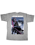 Star Wars coaster graphic on a heathered grey adult t-shirt.