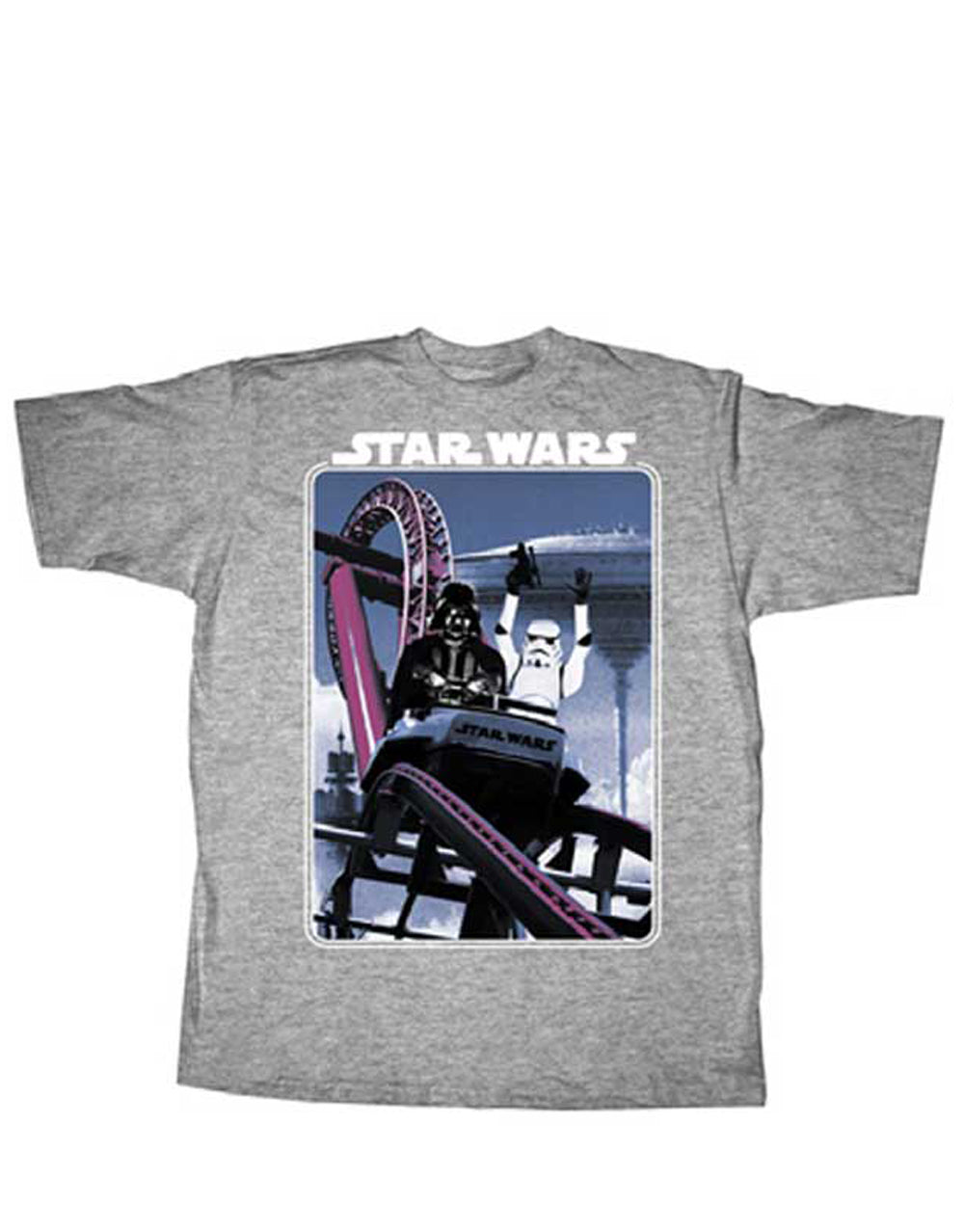 Star Wars coaster graphic on a heathered grey adult t-shirt.