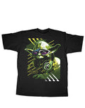 Star Wars Yoda phones graphic on a black adult t-shirt.
