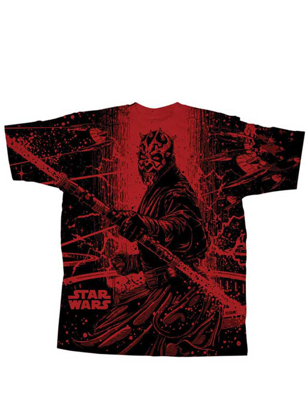 Star Wars Darth Maul Sith energy graphic on a red adult t-shirt.
