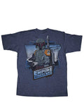 Star Wars the Boba Fett graphic on a heathered blue adult t-shirt.