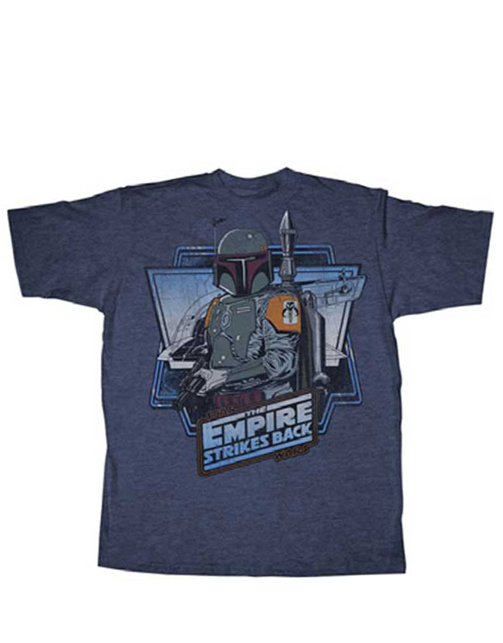 Star Wars the Boba Fett graphic on a heathered blue adult t-shirt.