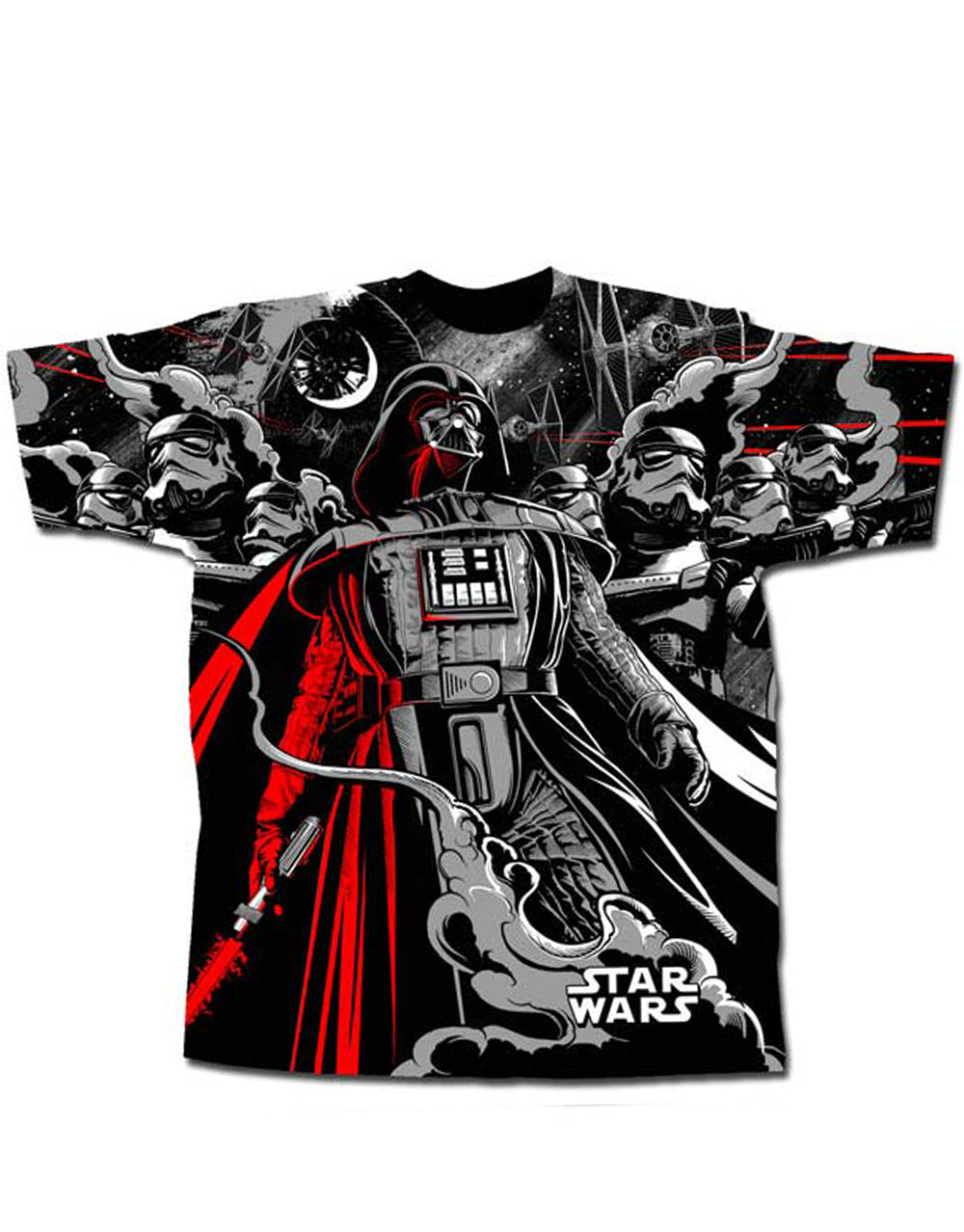 Star Wars Darth Vader invasion graphic on a black adult t-shirt.