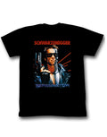 Adult black t-shirt featuring The Terminator's iconic I'll be back quote.