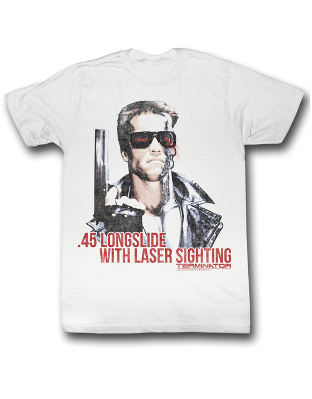 Adult white t-shirt featuring a laser sighting graphic from The Terminator.