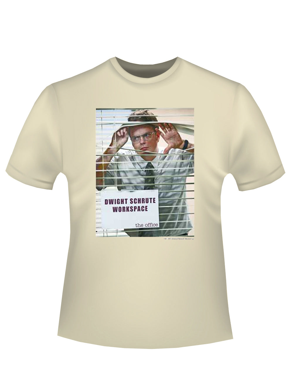 The Office Dwight Schrute blinds graphic on a cream adult t-shirt.