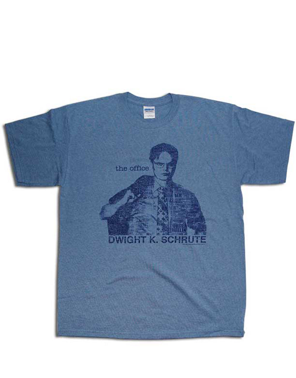 The Office Schrute type graphic on a blue adult t-shirt.