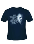 House deluded graphic on a navy blue adult t-shirt.