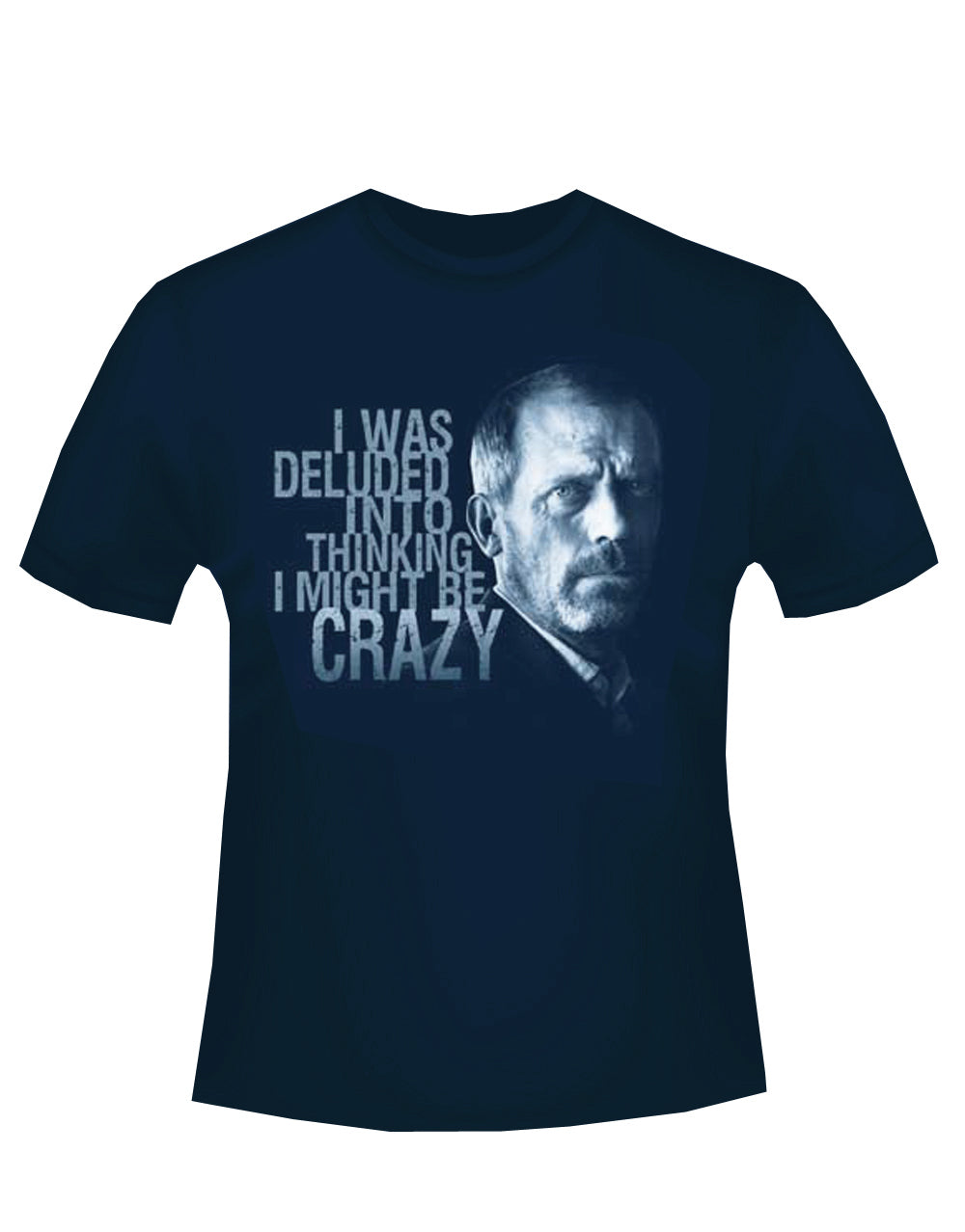 House deluded graphic on a navy blue adult t-shirt.