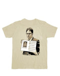 The Office Dwight graphic on a beige adult t-shirt.