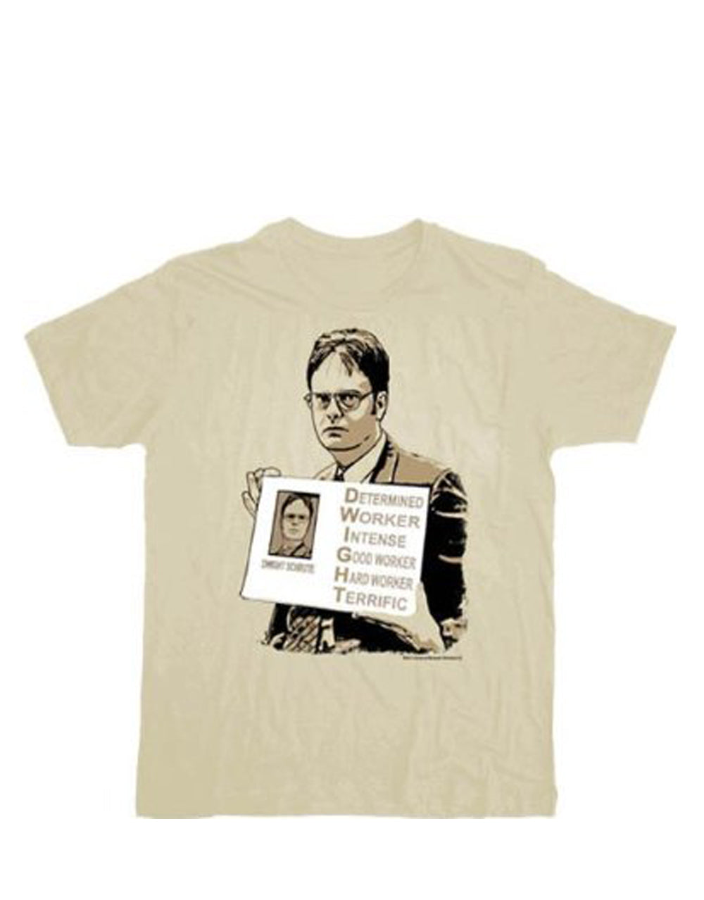 The Office Dwight graphic on a beige adult t-shirt.