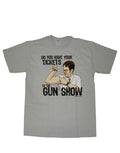 The Office Dwight Schrute the gun show graphic on a grey adult t-shirt.
