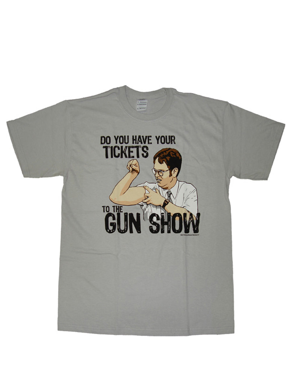 The Office Dwight Schrute the gun show graphic on a grey adult t-shirt.