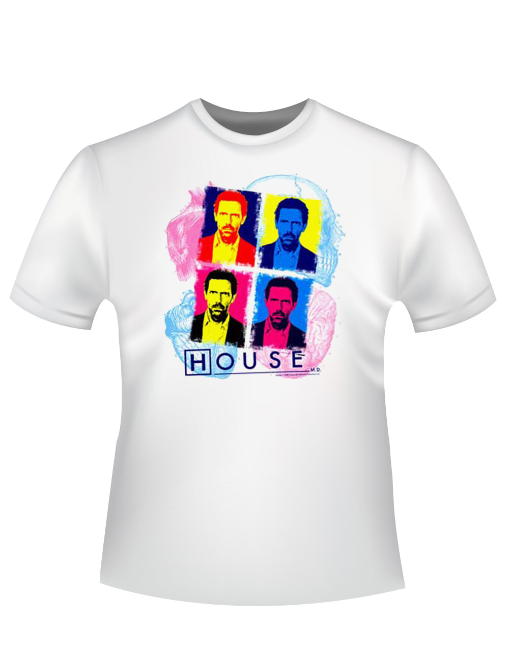 House Dr. Gregory House art graphic on a white adult t-shirt.