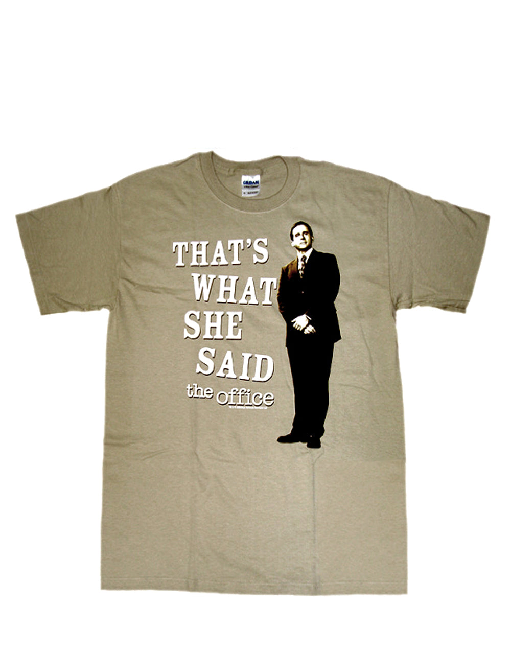 The Office that's what she said graphic on a beige adult t-shirt.