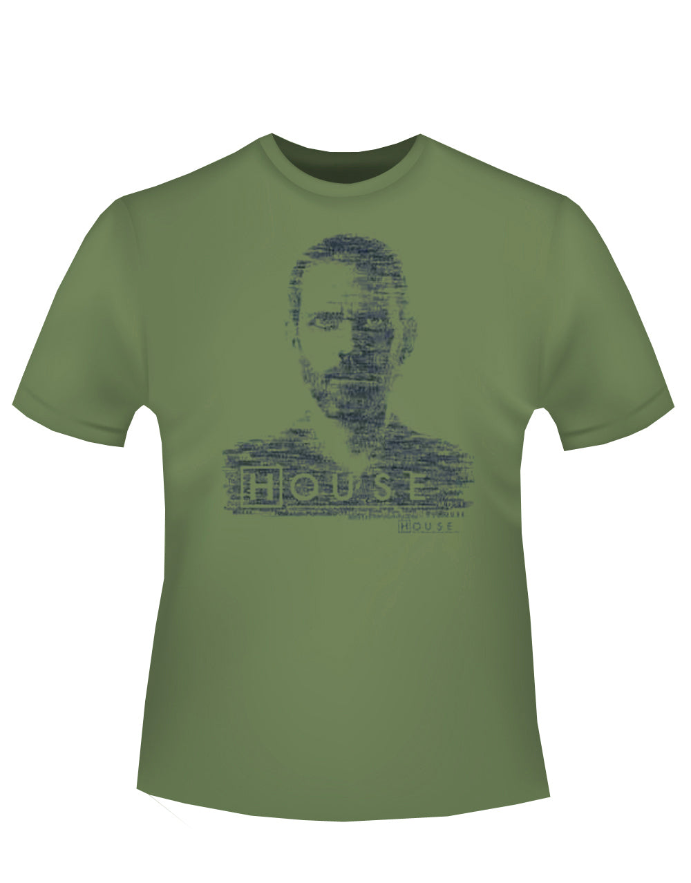 House word print graphic on a military green adult t-shirt.