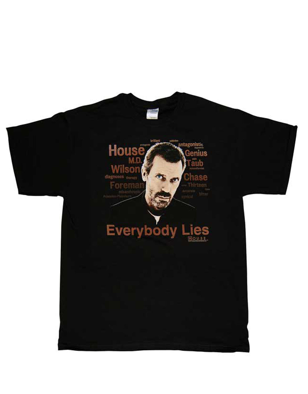 House everybody lies graphic on a black adult t-shirt.