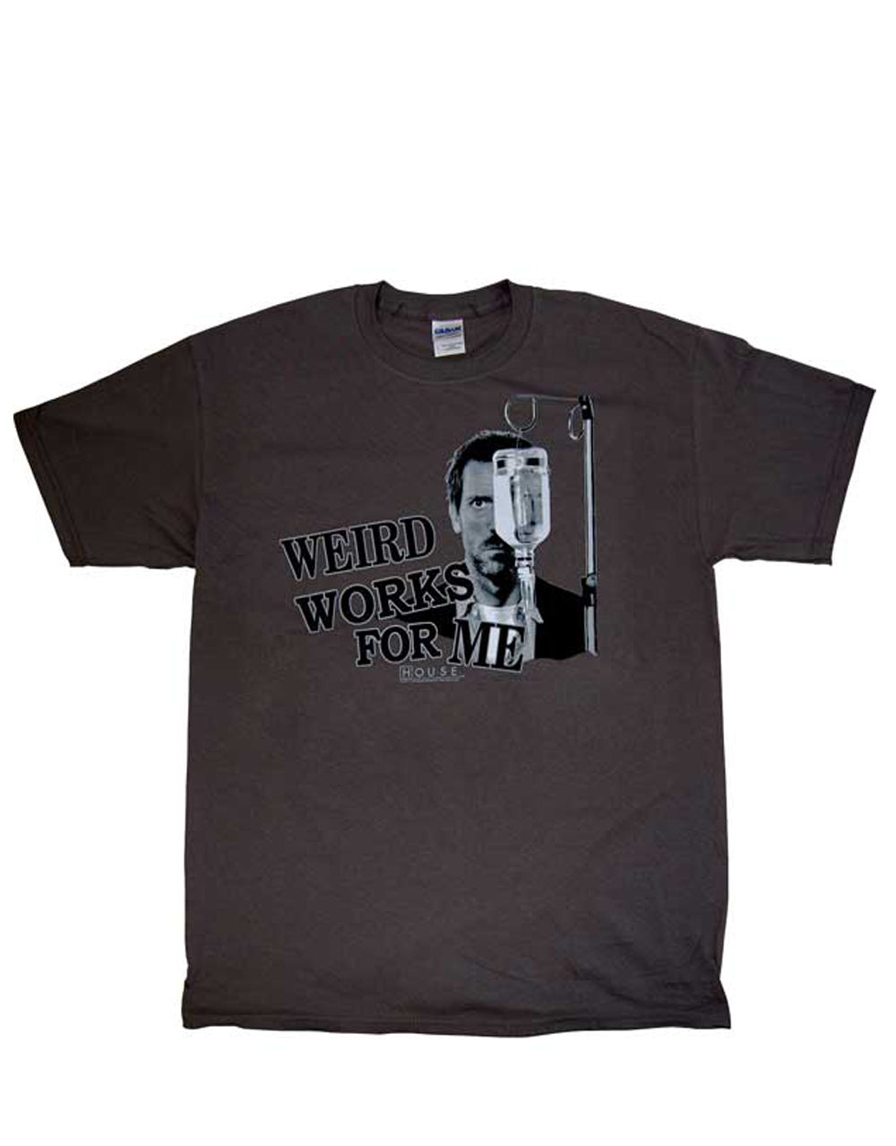 House weird works graphic on a grey adult t-shirt.