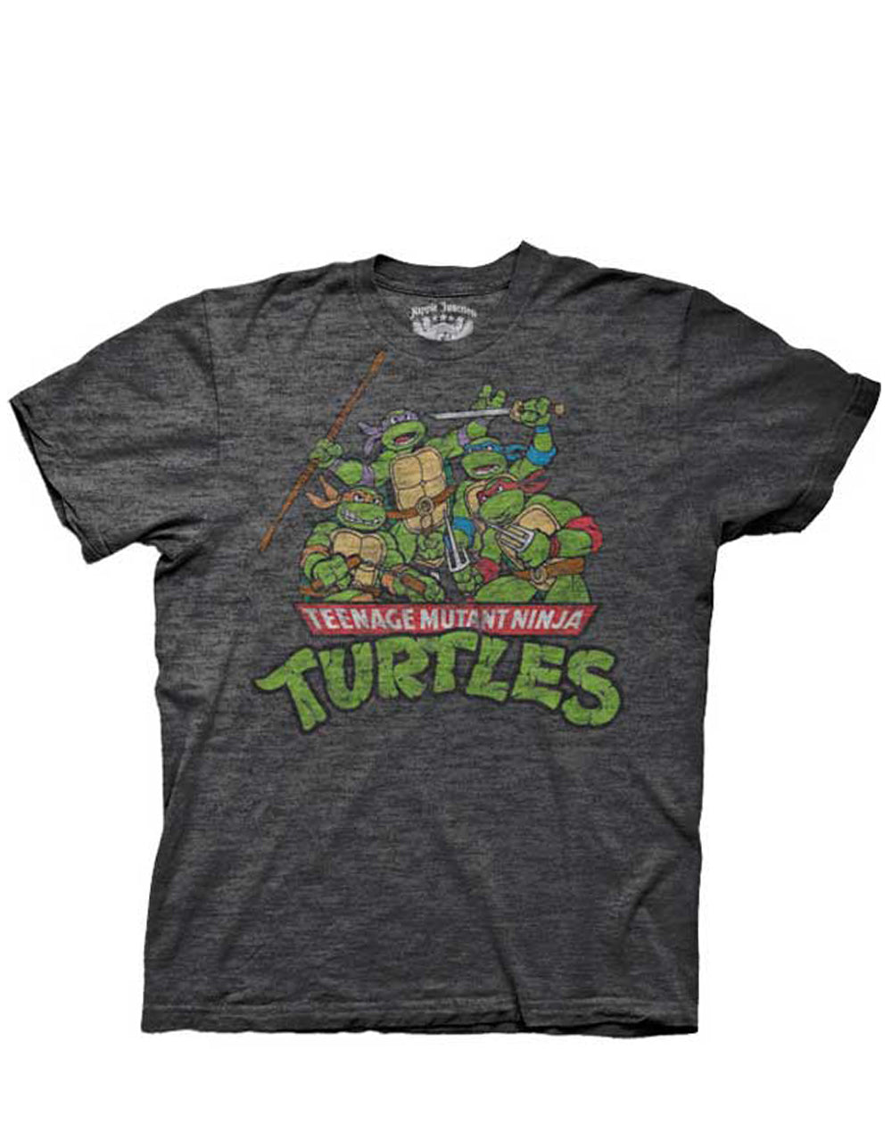 Teenage Mutant Ninja Turtles character group graphic on a charcoal grey adult tee.