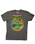 Teenage Mutant Ninja Turtles classic pizza graphic design on a dark grey adult t-shirt.