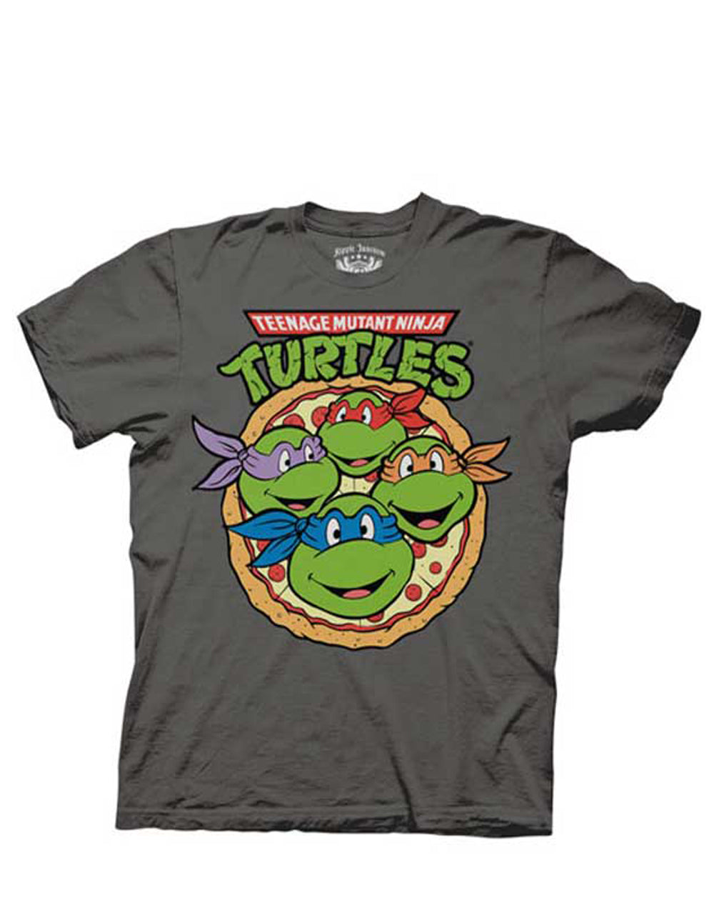 Teenage Mutant Ninja Turtles classic pizza graphic design on a dark grey adult t-shirt.