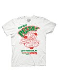 Teenage Mutant Ninja Turtles oven fresh pizza illustration on a white adult t-shirt.