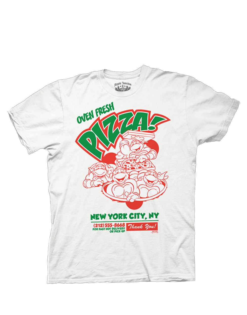 Teenage Mutant Ninja Turtles oven fresh pizza illustration on a white adult t-shirt.