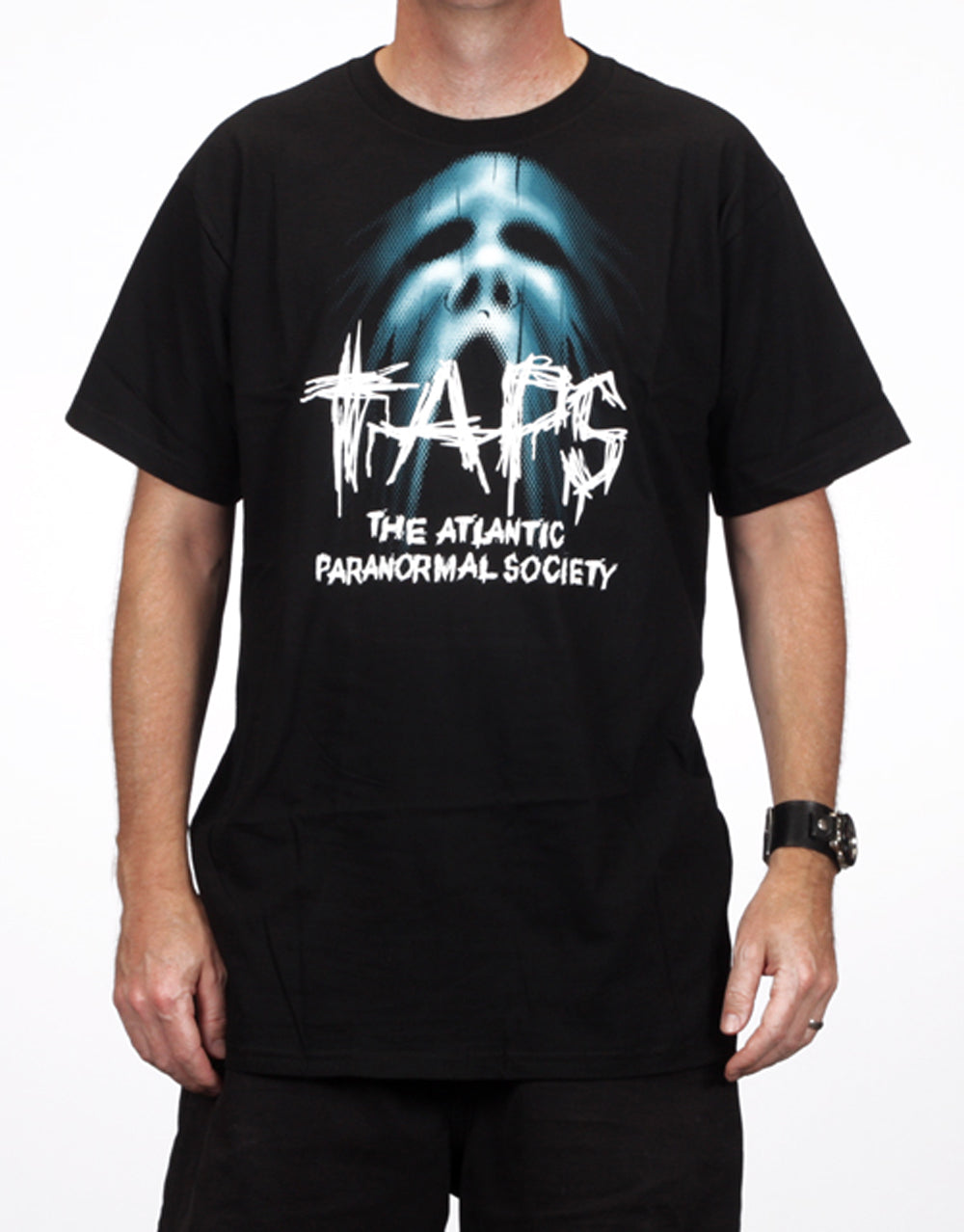 Ghost Hunters TAPS screamz graphic on a black adult t-shirt.
