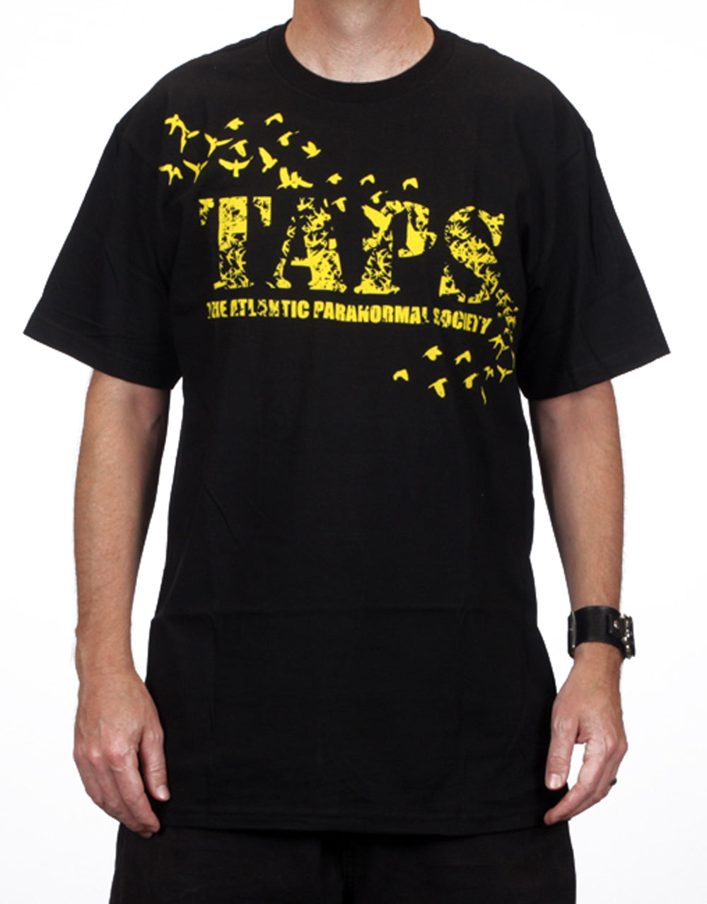 Ghost Hunters TAPS flight graphic on a black adult t-shirt.
