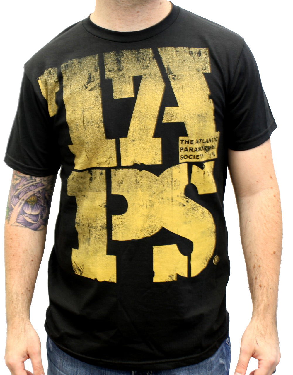 Ghost Hunters TAPS hard stack graphic on a black adult t-shirt.
