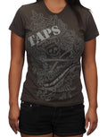 Ghost Hunters TAPS night raid graphic on a grey women's t-shirt.