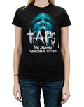 Ghost Hunters TAPS screamz graphic on a black women's t-shirt.