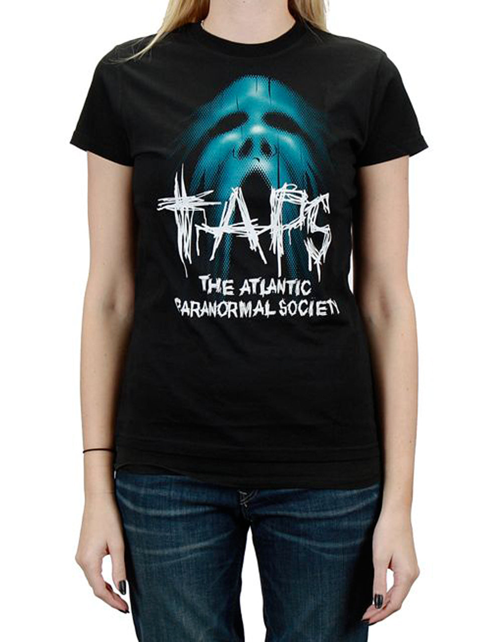 Ghost Hunters TAPS screamz graphic on a black women's t-shirt.