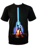 Tron platform glow graphic on a black adult t-shirt.