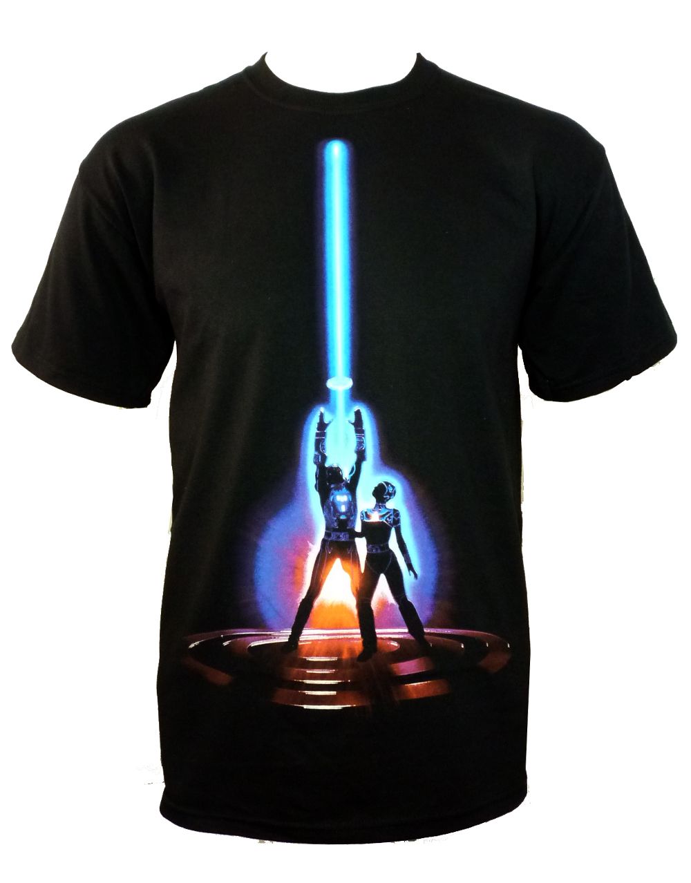 Tron platform glow graphic on a black adult t-shirt.
