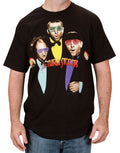 The Three Stooges sunshade Stooges graphic on a black adult t-shirt.