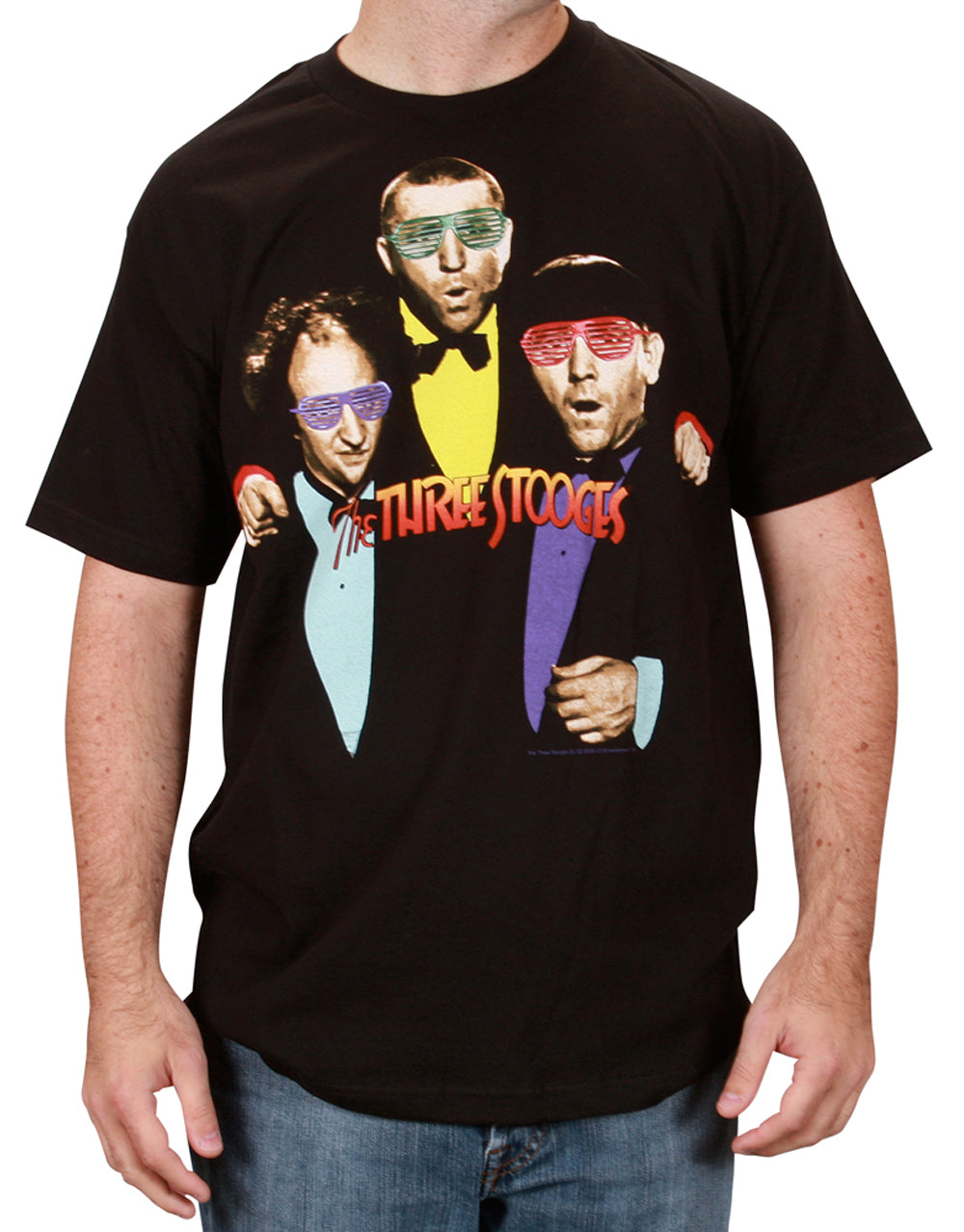 The Three Stooges sunshade Stooges graphic on a black adult t-shirt.