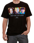 The Three Stooges Warhol Stooge graphic on a black adult t-shirt.