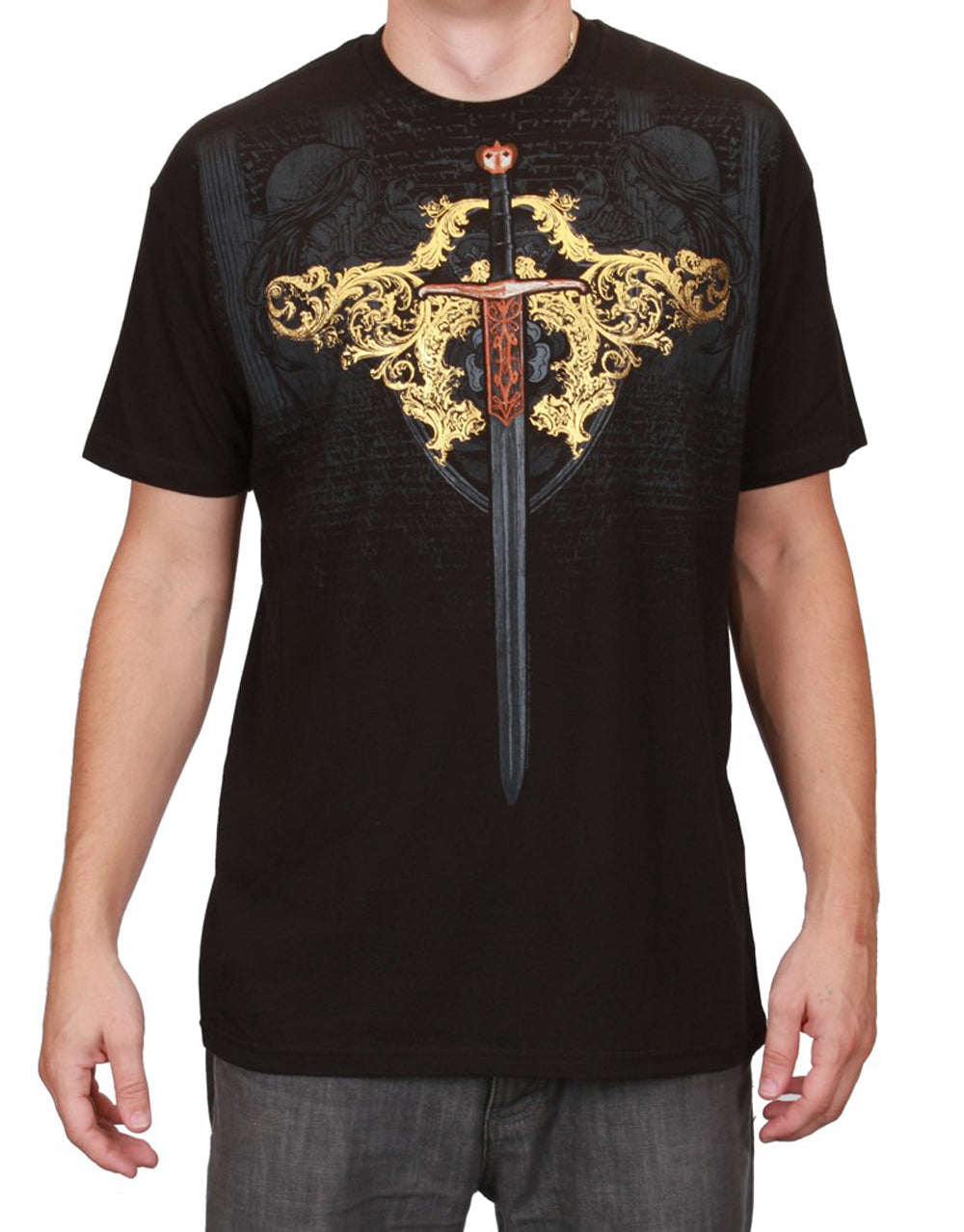 The Tudors chivalry graphic on a black adult t-shirt.