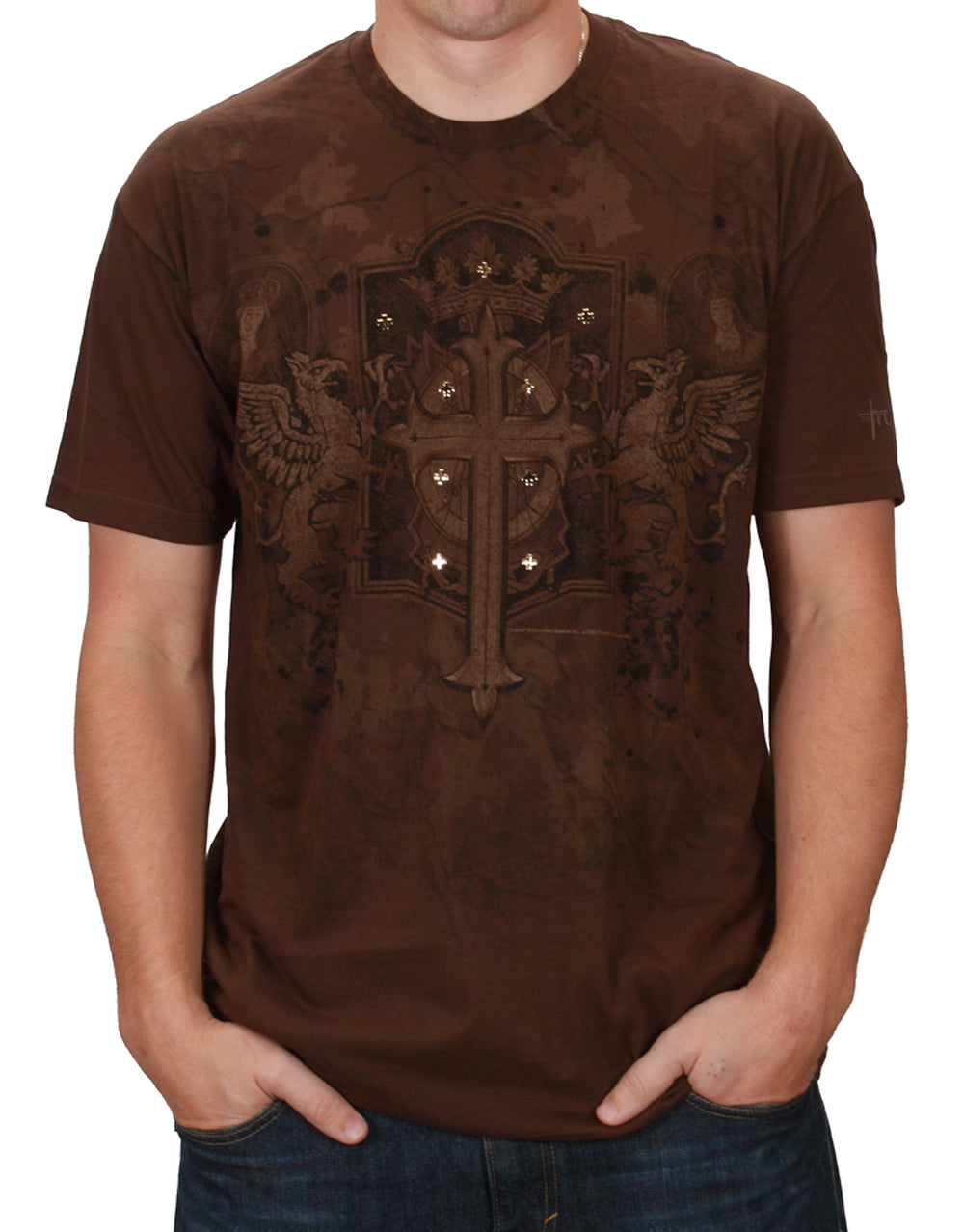 The Tudors turret graphic on a brown adult t-shirt.