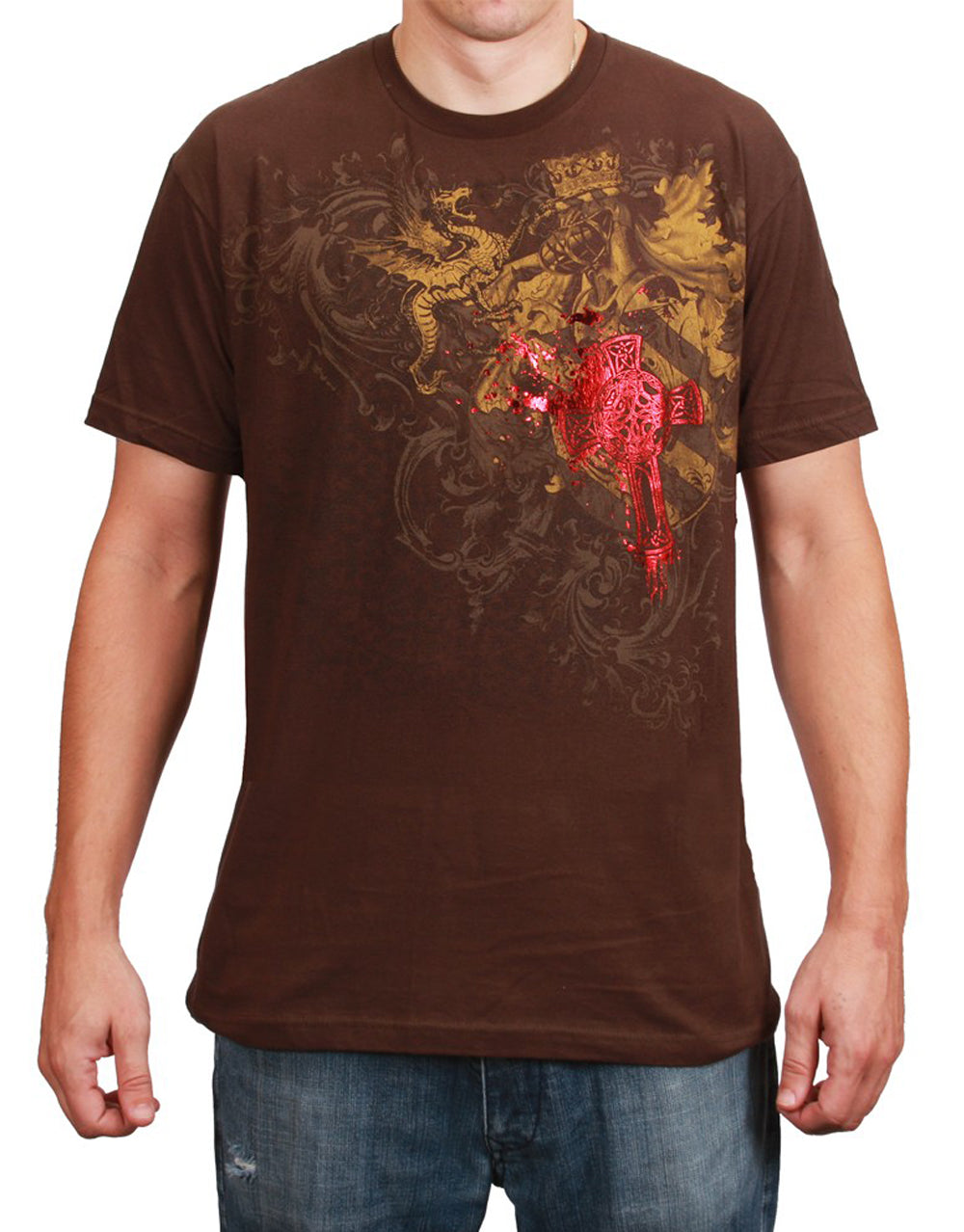 The Tudors dissolution graphic on a brown adult t-shirt.