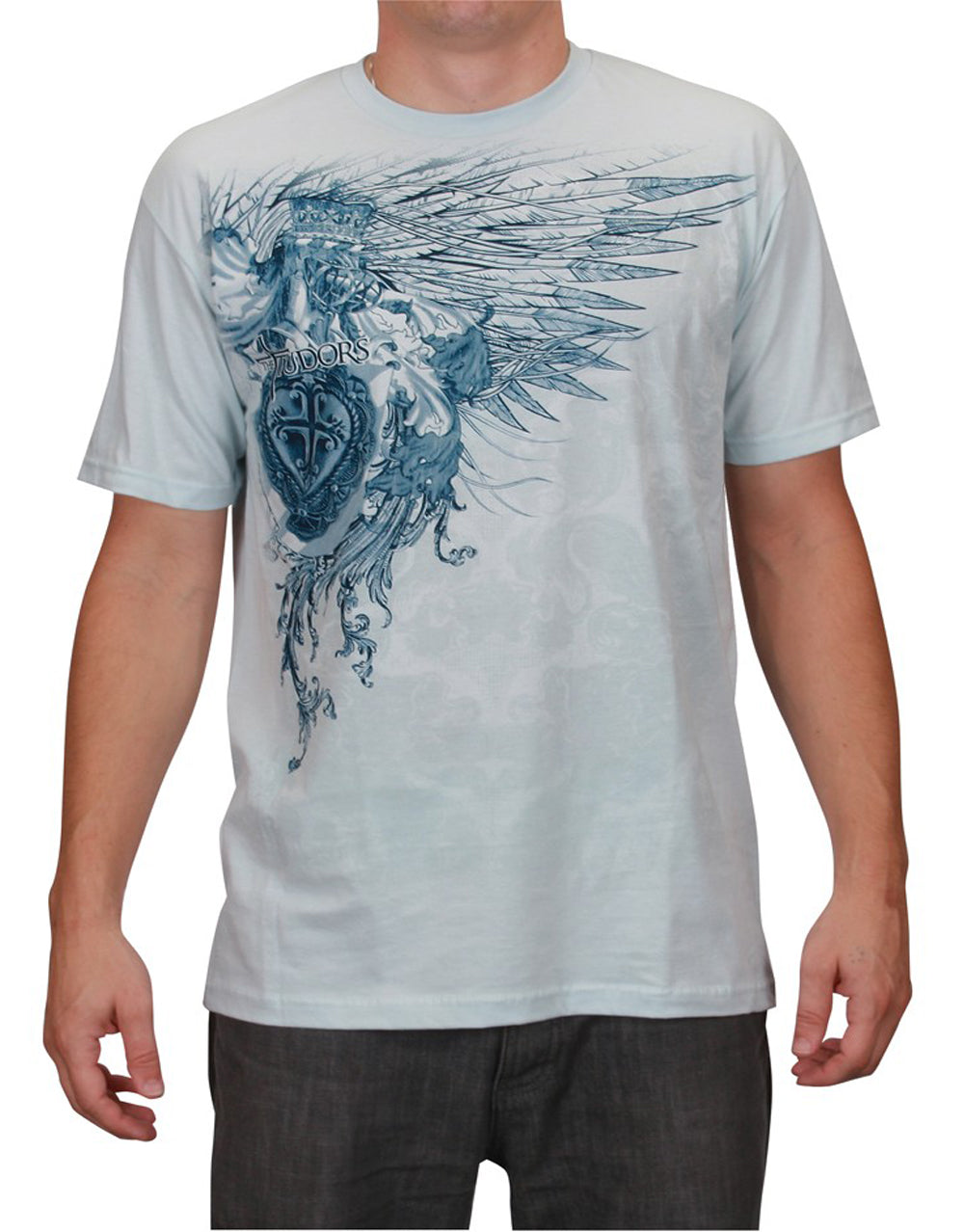 The Tudors archivolt graphic on a blue adult t-shirt.