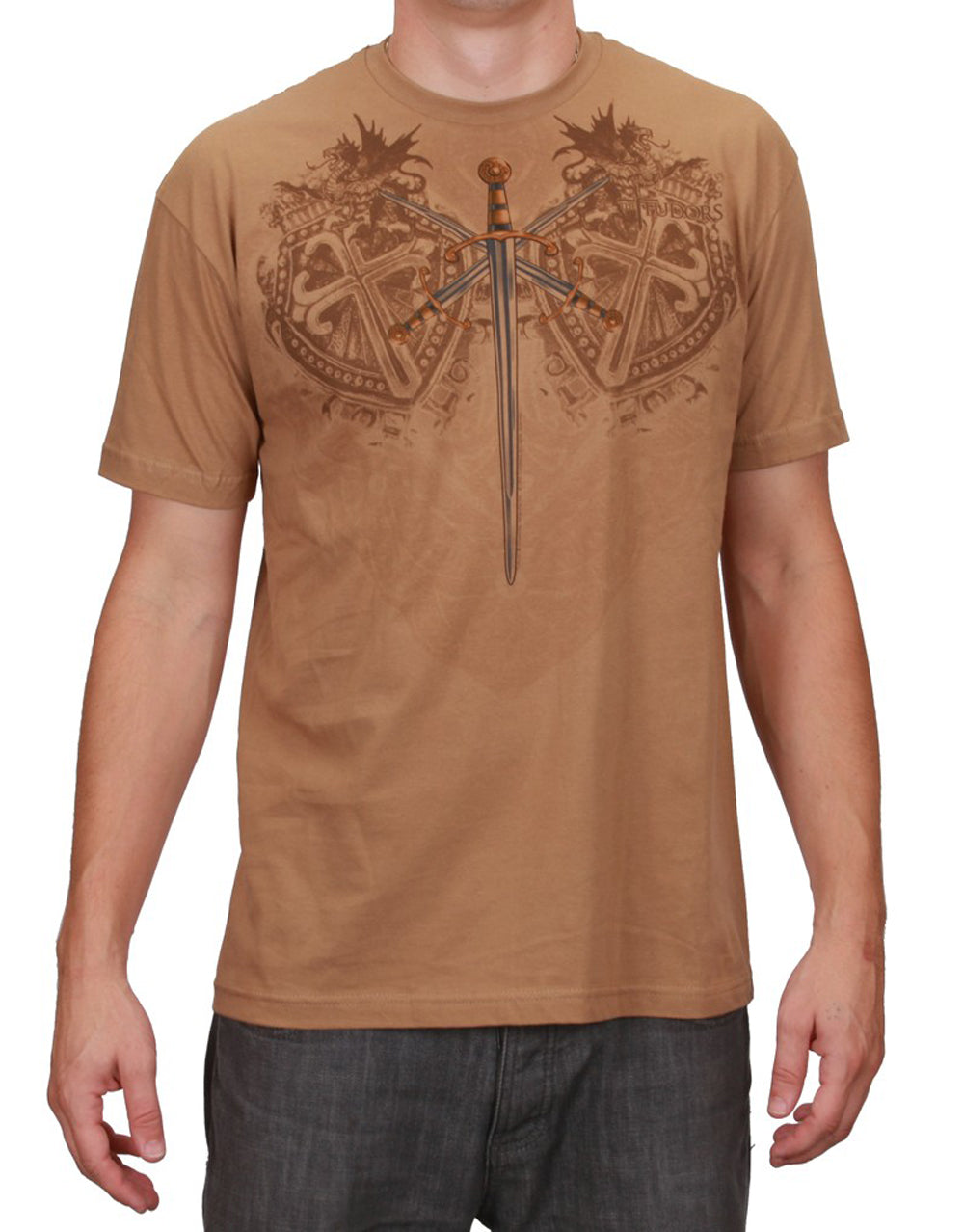 The Tudors barbican graphic on a brown adult t-shirt.