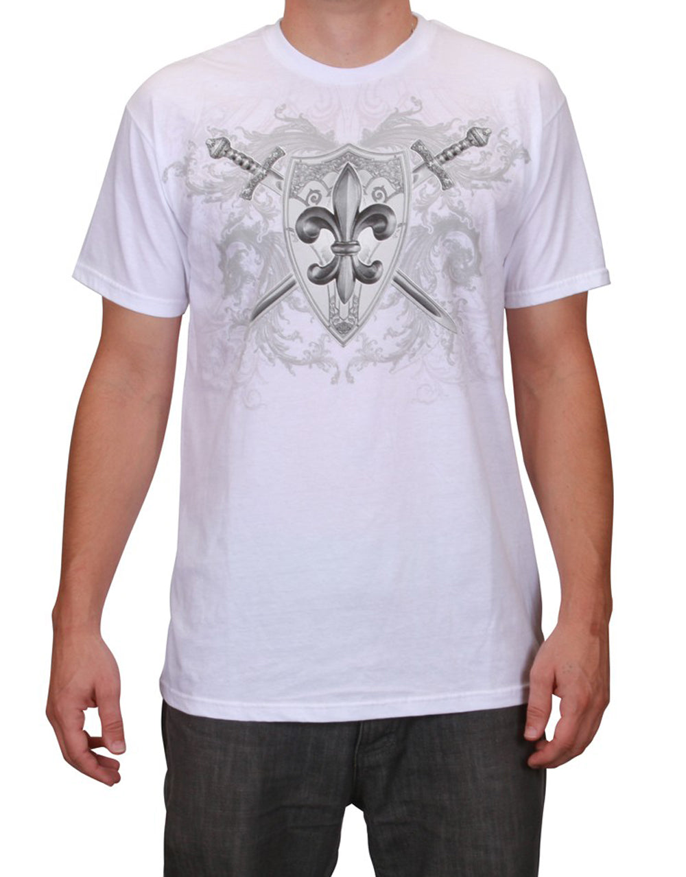 The Tudors piscina graphic on a white adult t-shirt.